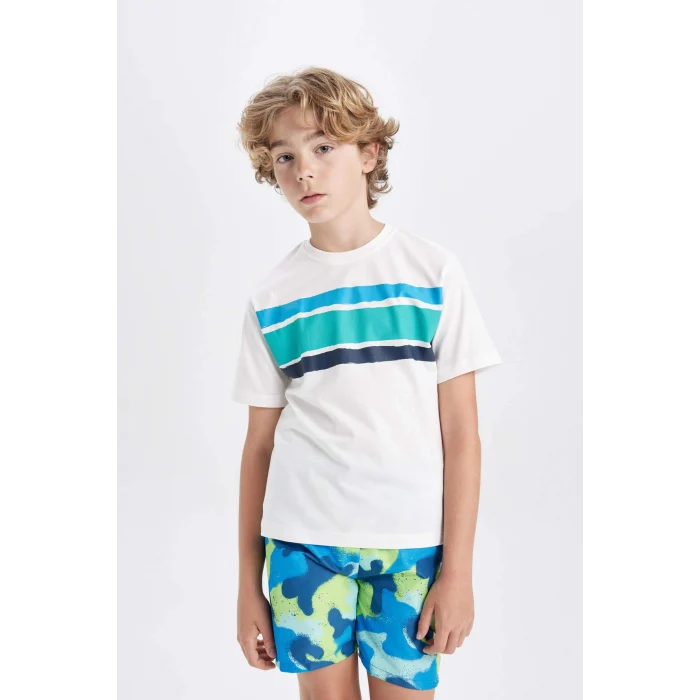 Defacto C3302 Ekru Erkek Çocuk Bisiklet Yaka Baskılı Kısa Kollu Tişört