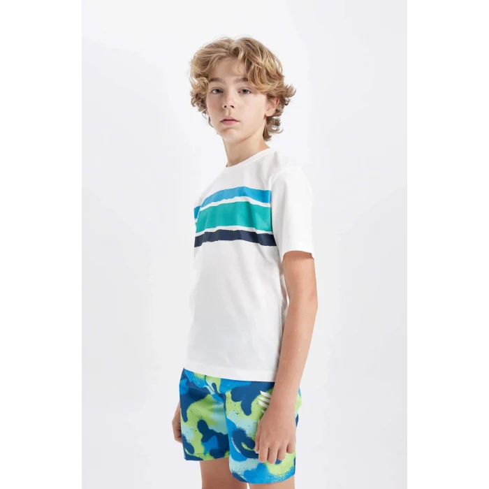 Defacto C3302 Ekru Erkek Çocuk Bisiklet Yaka Baskılı Kısa Kollu Tişört