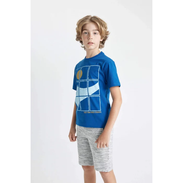 Defacto C3306 Mavi Erkek Çocuk Bisiklet Yaka Baskılı Kısa Kollu Tişört