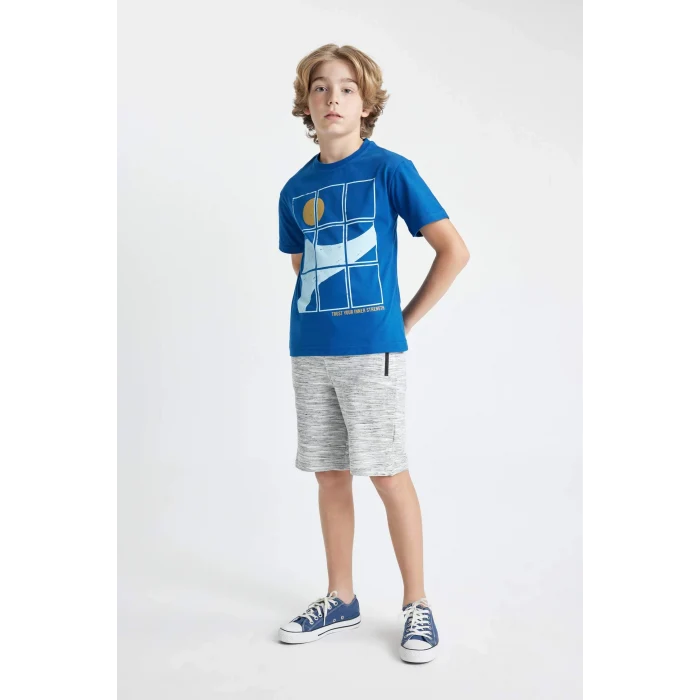 Defacto C3306 Mavi Erkek Çocuk Bisiklet Yaka Baskılı Kısa Kollu Tişört