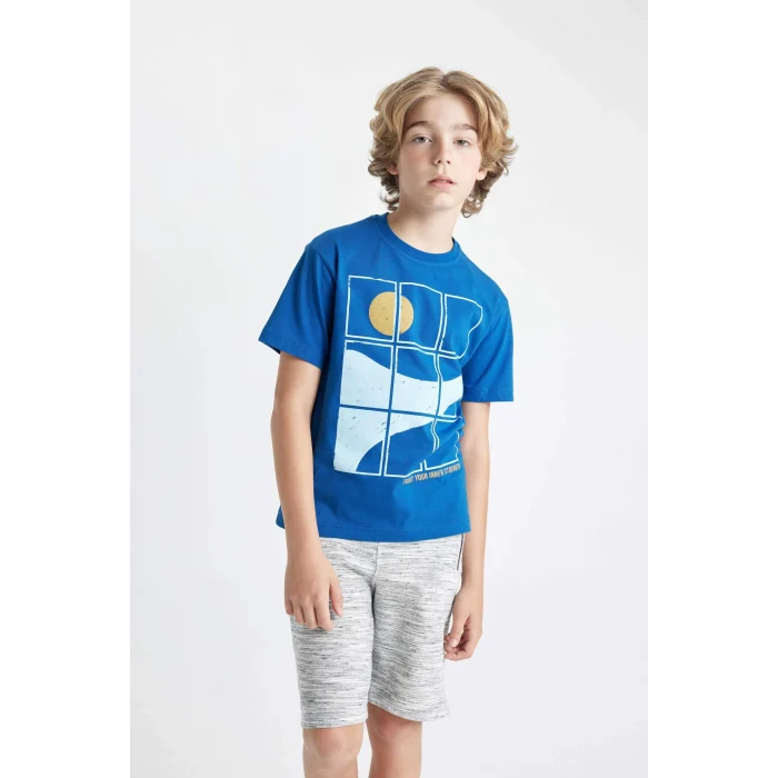 Defacto C3306 Mavi Erkek Çocuk Bisiklet Yaka Baskılı Kısa Kollu Tişört