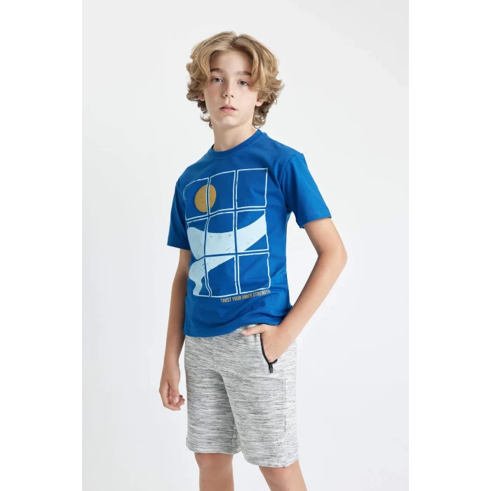 Defacto C3306 Mavi Erkek Çocuk Bisiklet Yaka Baskılı Kısa Kollu Tişört