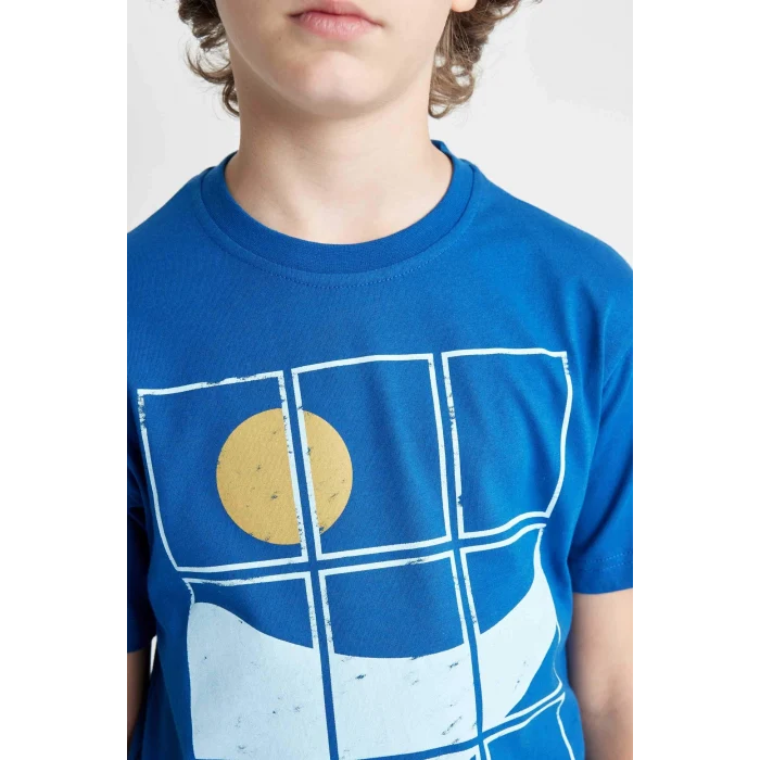 Defacto C3306 Mavi Erkek Çocuk Bisiklet Yaka Baskılı Kısa Kollu Tişört