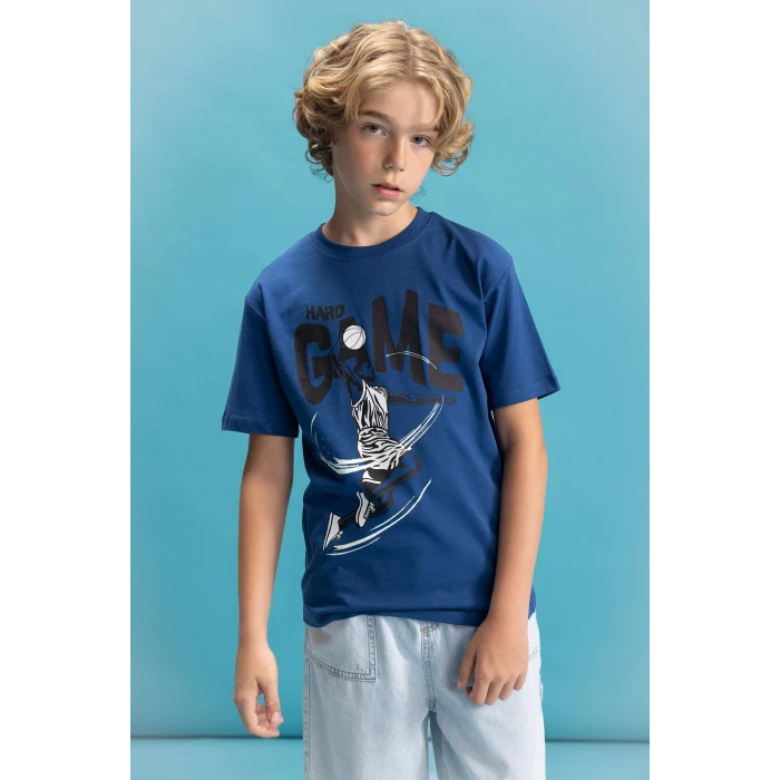 Defacto C6259 Mavi Erkek Çocuk Bisiklet Yaka Renk Şekil Değiştiren Baskılı Kısa Kollu Tişört