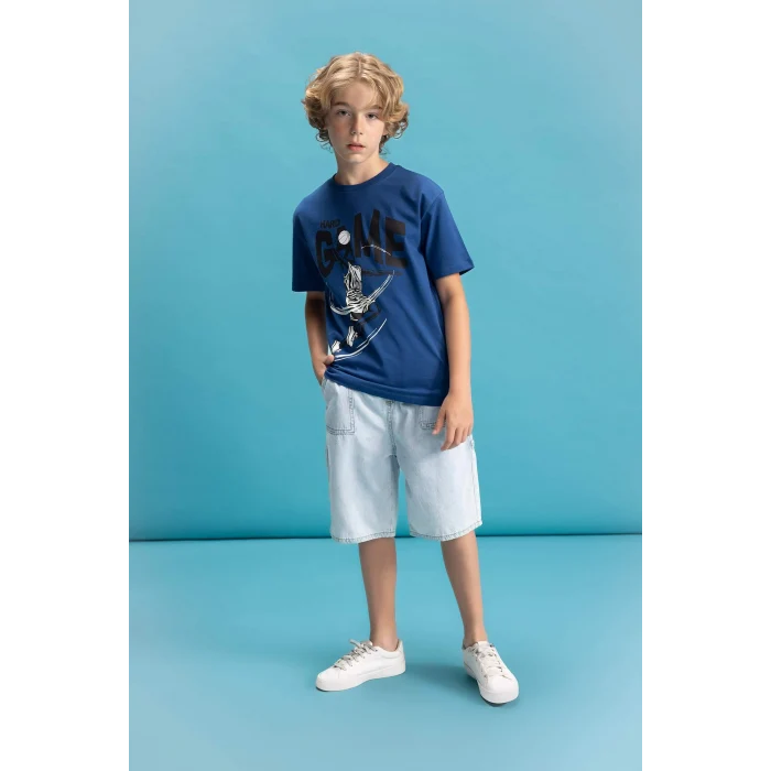 Defacto C6259 Mavi Erkek Çocuk Bisiklet Yaka Renk Şekil Değiştiren Baskılı Kısa Kollu Tişört