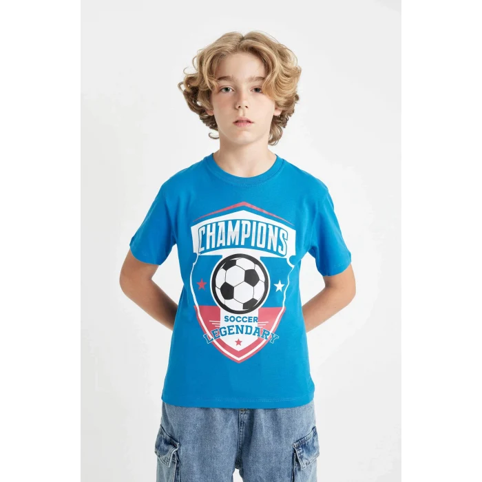 Defacto C6498 Mavi Erkek Çocuk Bisiklet Yaka Baskılı Kısa Kollu Tişört