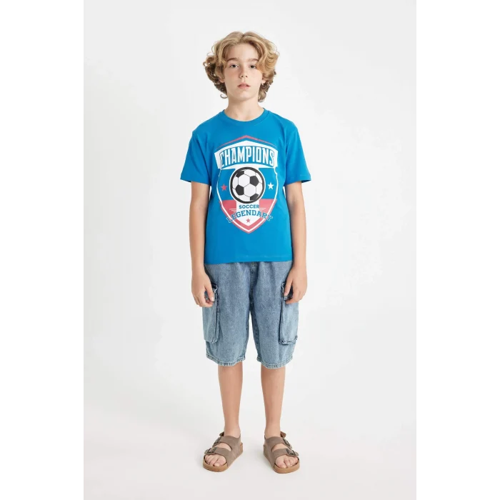 Defacto C6498 Mavi Erkek Çocuk Bisiklet Yaka Baskılı Kısa Kollu Tişört