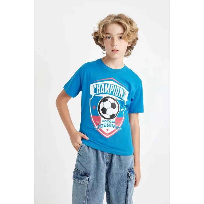 Defacto C6498 Mavi Erkek Çocuk Bisiklet Yaka Baskılı Kısa Kollu Tişört