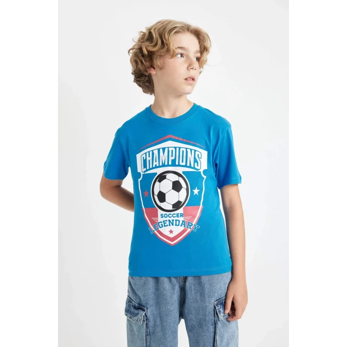 Defacto C6498 Mavi Erkek Çocuk Bisiklet Yaka Baskılı Kısa Kollu Tişört