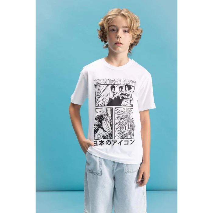 Defacto C6260 Beyaz Erkek Çocuk Bisiklet Yaka Renk Şekil Değiştiren Basklı Kısa Kollu Tişört