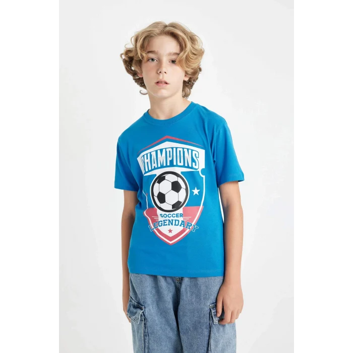 Defacto C6498 Mavi Erkek Çocuk Bisiklet Yaka Baskılı Kısa Kollu Tişört