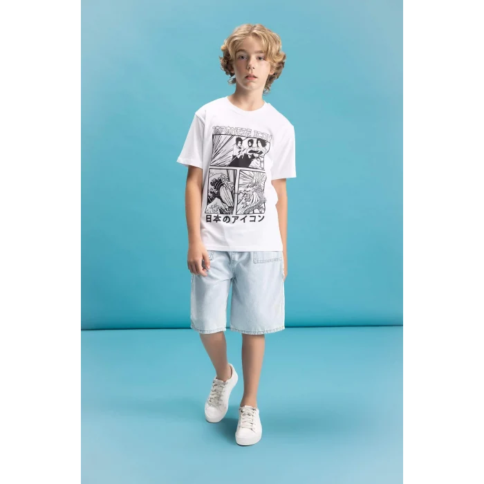 Defacto C6260 Beyaz Erkek Çocuk Bisiklet Yaka Renk Şekil Değiştiren Basklı Kısa Kollu Tişört