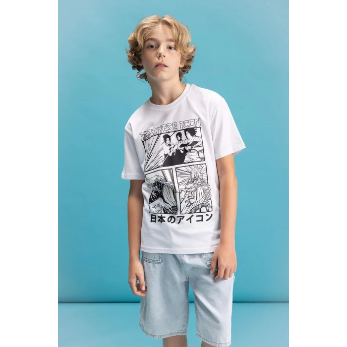 Defacto C6260 Beyaz Erkek Çocuk Bisiklet Yaka Renk Şekil Değiştiren Basklı Kısa Kollu Tişört