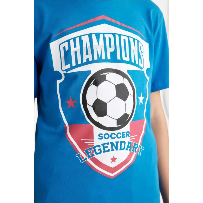 Defacto C6498 Mavi Erkek Çocuk Bisiklet Yaka Baskılı Kısa Kollu Tişört