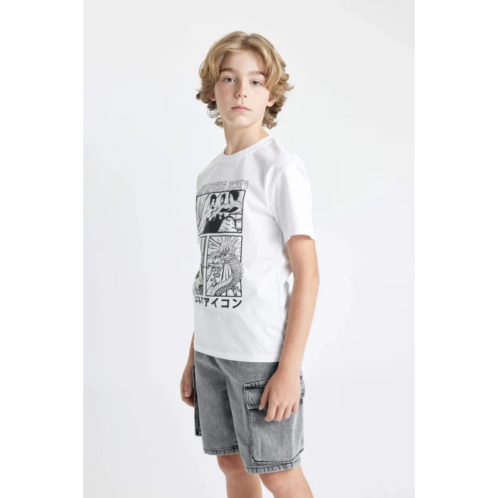 Defacto C6260 Beyaz Erkek Çocuk Bisiklet Yaka Renk Şekil Değiştiren Basklı Kısa Kollu Tişört