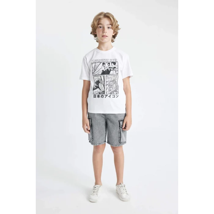 Defacto C6260 Beyaz Erkek Çocuk Bisiklet Yaka Renk Şekil Değiştiren Basklı Kısa Kollu Tişört