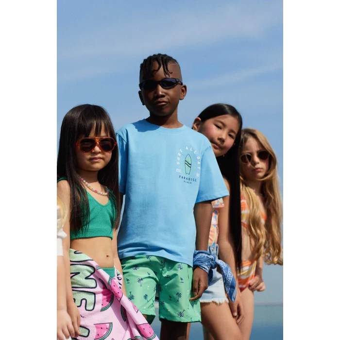 Defacto C4656 Mavi Erkek Çocuk Bisiklet Yaka Baskılı Kısa Kollu Tişört