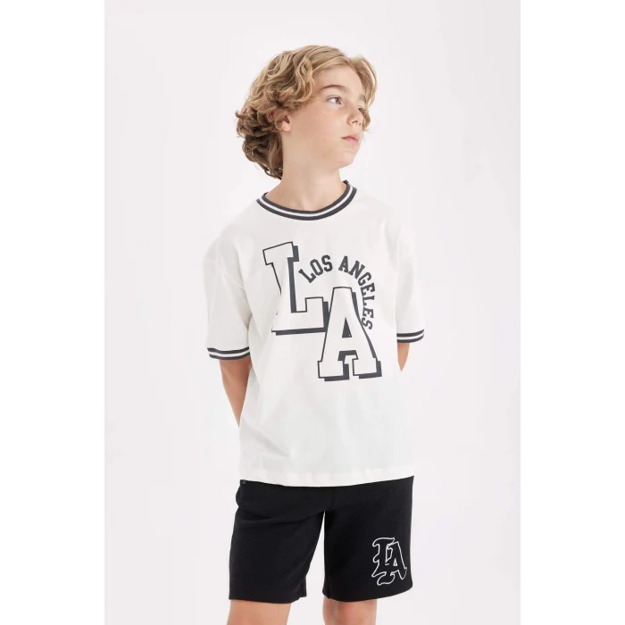 Defacto C3900 Ekru Erkek Çocuk Oversize Geniş Kalıp Bisiklet Yaka Baskılı Kısa Kollu Tişört