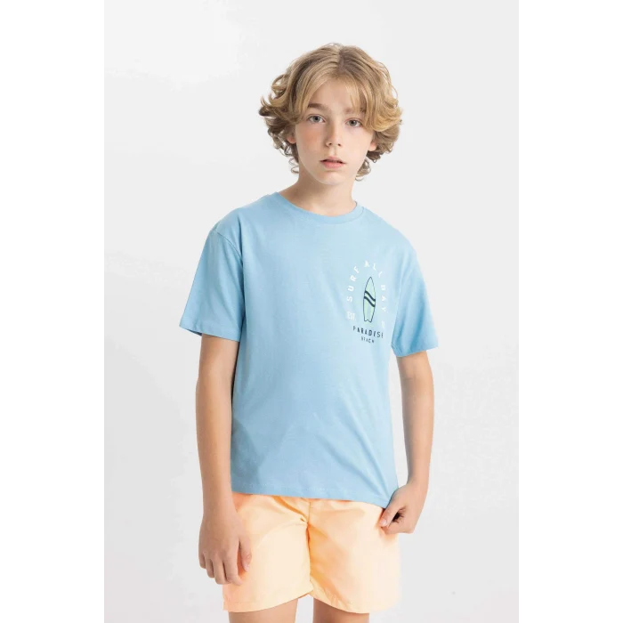 Defacto C4656 Mavi Erkek Çocuk Bisiklet Yaka Baskılı Kısa Kollu Tişört