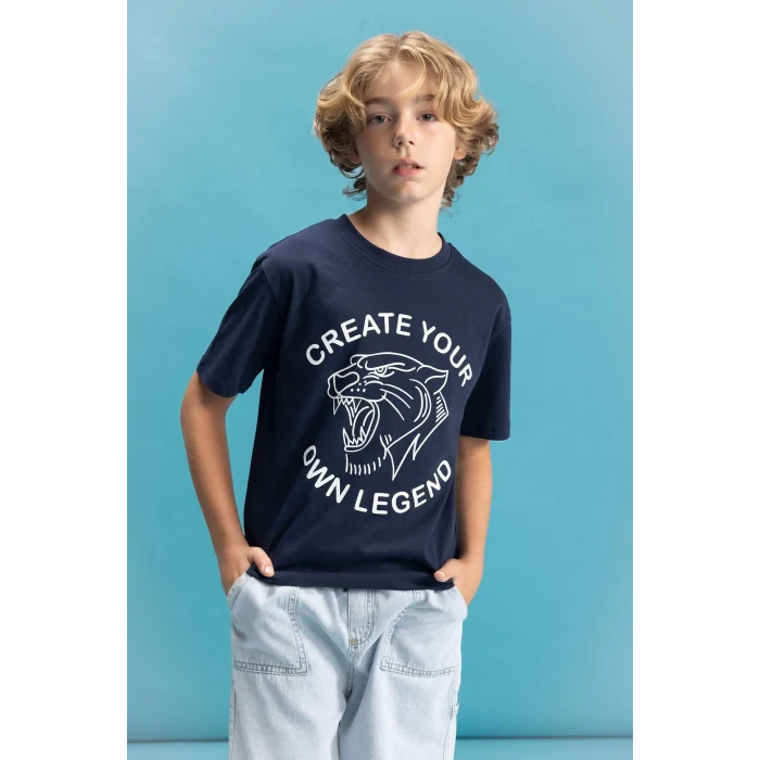 Defacto C6256 Lacivert Erkek Çocuk Bisiklet Yaka Renk Şekil Değiştiren Baskılı Kısa Kollu Tişört