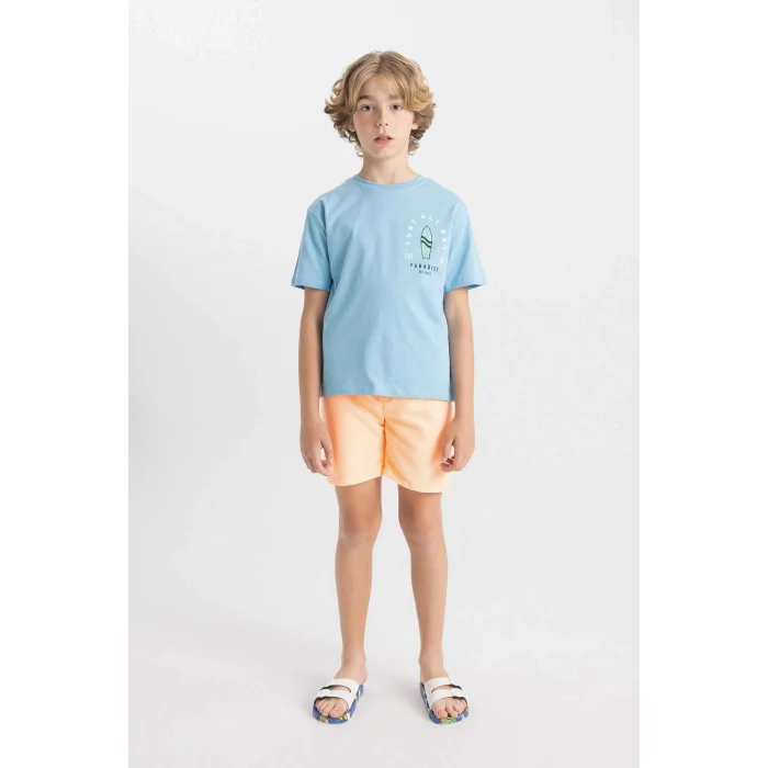 Defacto C4656 Mavi Erkek Çocuk Bisiklet Yaka Baskılı Kısa Kollu Tişört