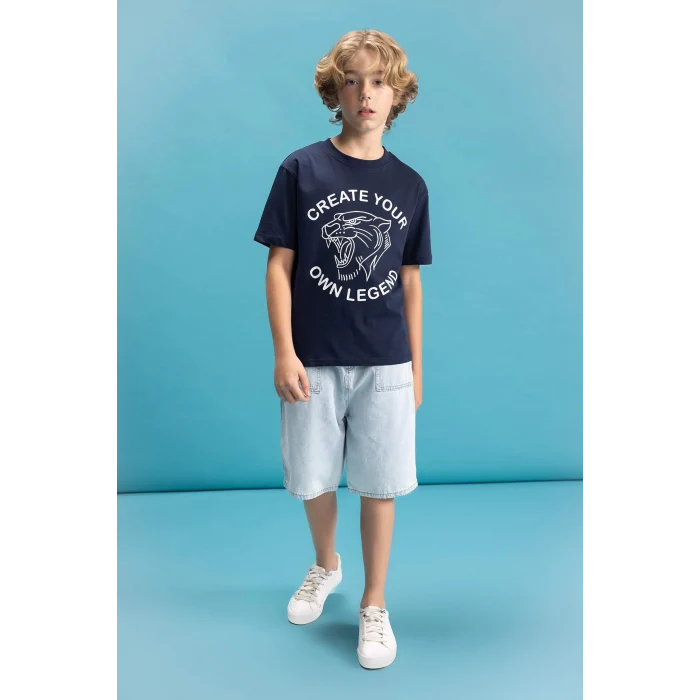 Defacto C6256 Lacivert Erkek Çocuk Bisiklet Yaka Renk Şekil Değiştiren Baskılı Kısa Kollu Tişört