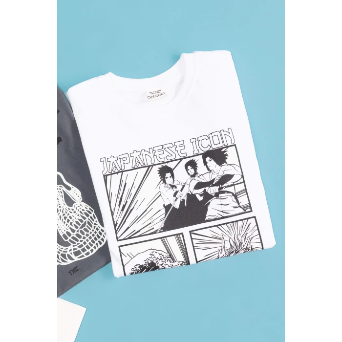 Defacto C6260 Beyaz Erkek Çocuk Bisiklet Yaka Renk Şekil Değiştiren Basklı Kısa Kollu Tişört