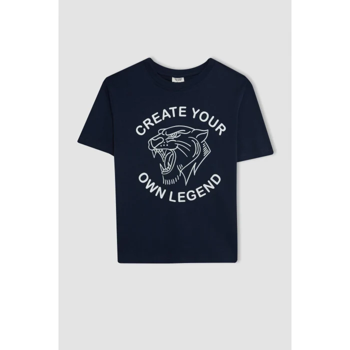 Defacto C6256 Lacivert Erkek Çocuk Bisiklet Yaka Renk Şekil Değiştiren Baskılı Kısa Kollu Tişört