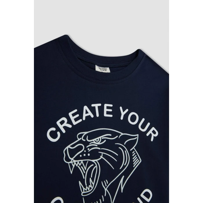 Defacto C6256 Lacivert Erkek Çocuk Bisiklet Yaka Renk Şekil Değiştiren Baskılı Kısa Kollu Tişört