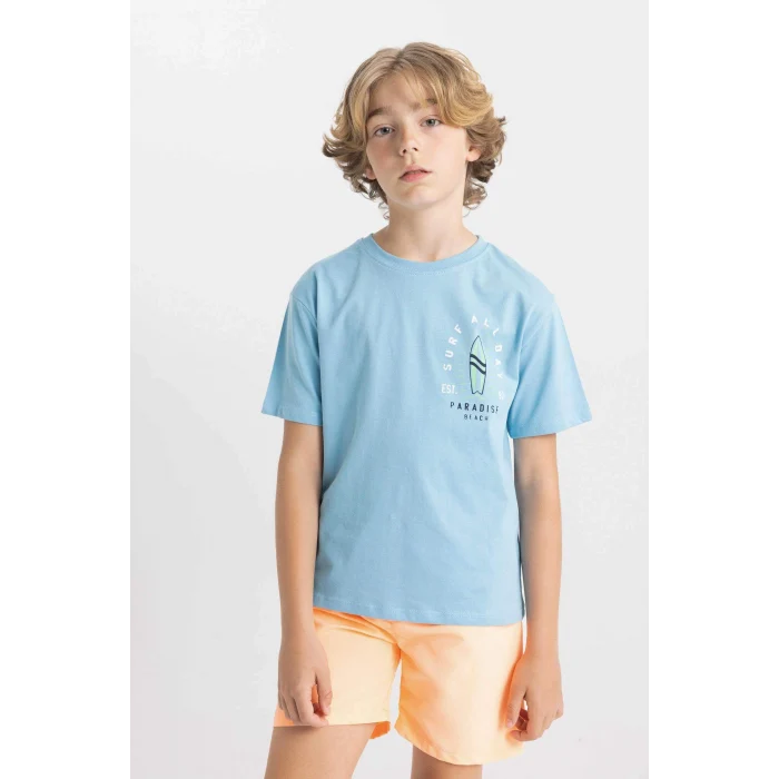 Defacto C4656 Mavi Erkek Çocuk Bisiklet Yaka Baskılı Kısa Kollu Tişört