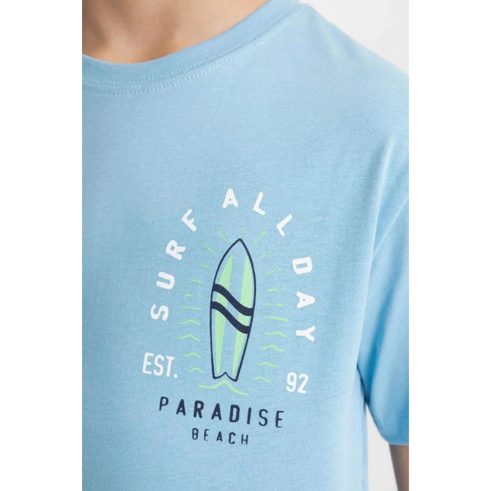 Defacto C4656 Mavi Erkek Çocuk Bisiklet Yaka Baskılı Kısa Kollu Tişört