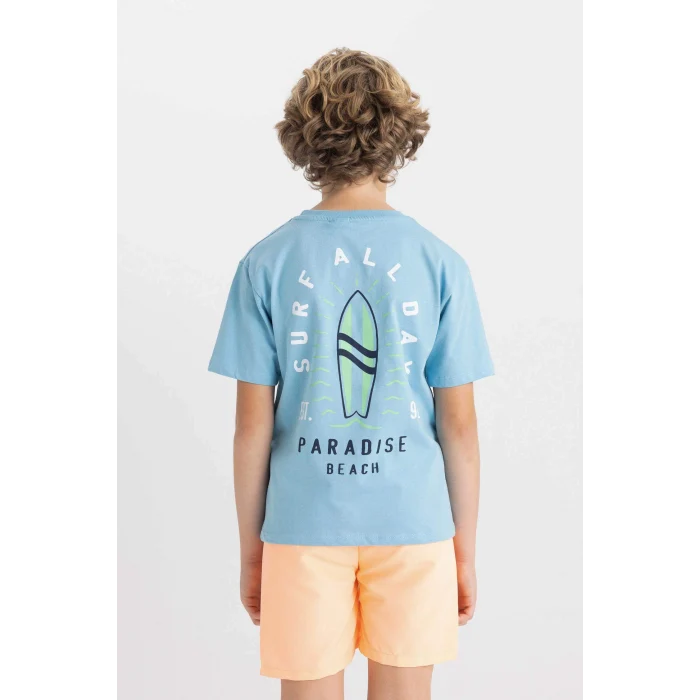 Defacto C4656 Mavi Erkek Çocuk Bisiklet Yaka Baskılı Kısa Kollu Tişört