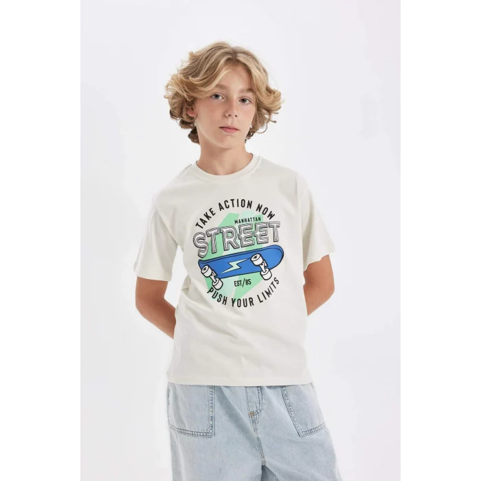 Defacto D0441 Gri Erkek Çocuk Bisiklet Yaka Baskılı Kısa Kollu Tişört