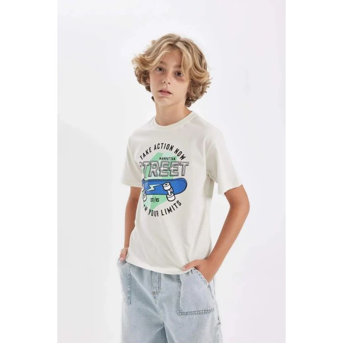 Defacto D0441 Gri Erkek Çocuk Bisiklet Yaka Baskılı Kısa Kollu Tişört