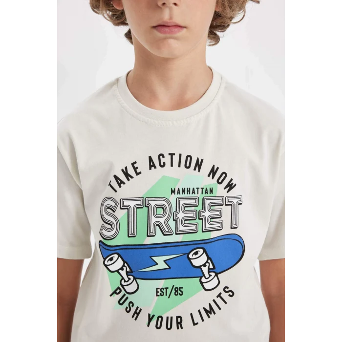 Defacto D0441 Gri Erkek Çocuk Bisiklet Yaka Baskılı Kısa Kollu Tişört