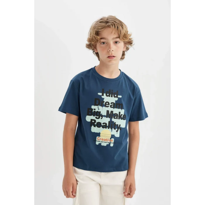 Defacto C4660 Lacivert Erkek Çocuk Bisiklet Yaka Baskılı Kısa Kollu Tişört