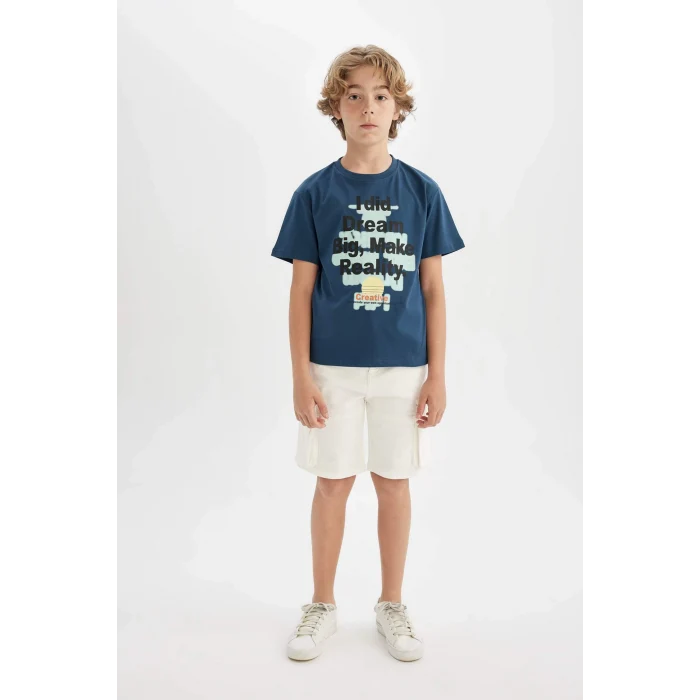 Defacto C4660 Lacivert Erkek Çocuk Bisiklet Yaka Baskılı Kısa Kollu Tişört
