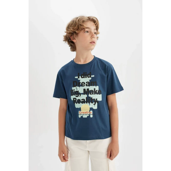 Defacto C4660 Lacivert Erkek Çocuk Bisiklet Yaka Baskılı Kısa Kollu Tişört