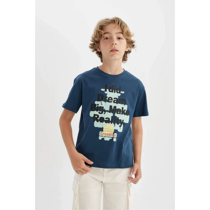Defacto C4660 Lacivert Erkek Çocuk Bisiklet Yaka Baskılı Kısa Kollu Tişört