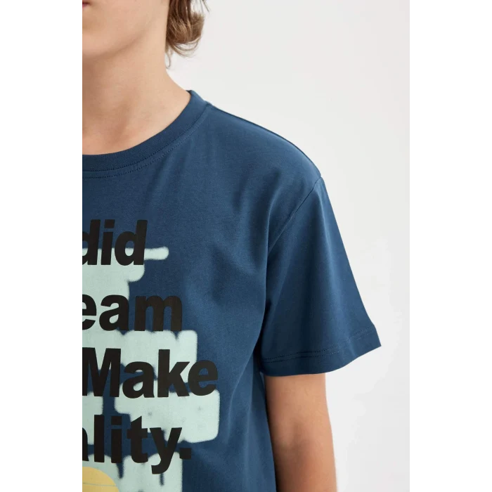 Defacto C4660 Lacivert Erkek Çocuk Bisiklet Yaka Baskılı Kısa Kollu Tişört
