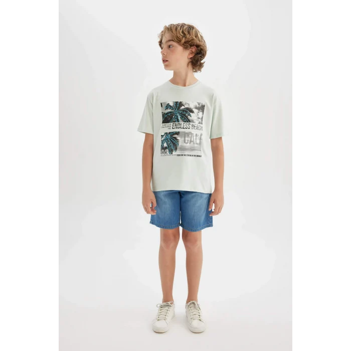 Defacto C3329 Mavi Erkek Çocuk Bisiklet Yaka Baskılı Kısa Kollu Tişört