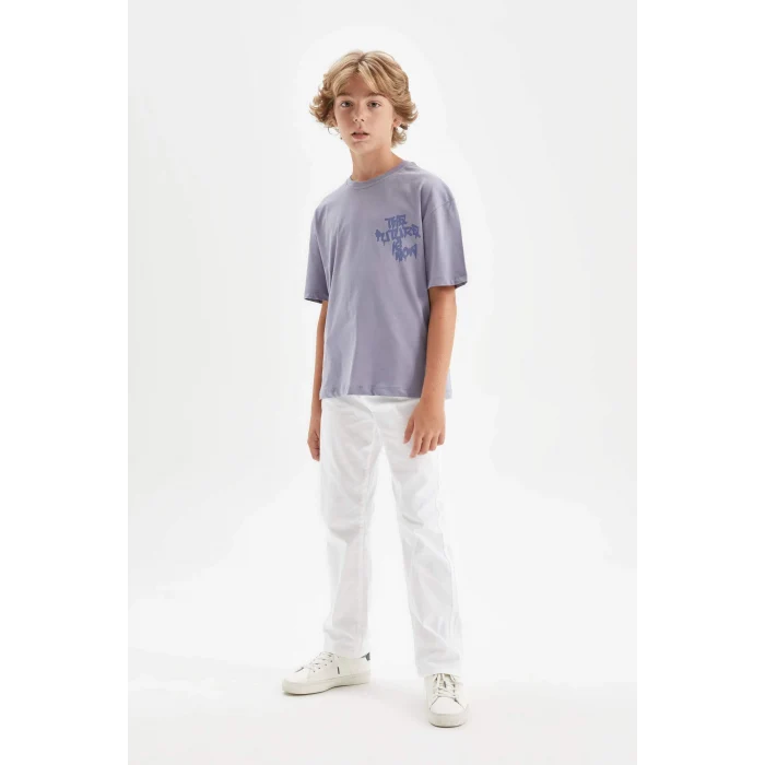 Defacto C6282 Mavi Erkek Çocuk Oversize Geniş Kalıp Bisiklet Yaka Baskılı Kısa Kollu Tişört