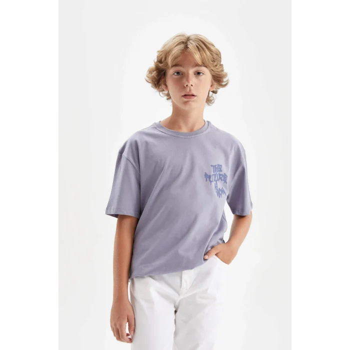 Defacto C6282 Mavi Erkek Çocuk Oversize Geniş Kalıp Bisiklet Yaka Baskılı Kısa Kollu Tişört