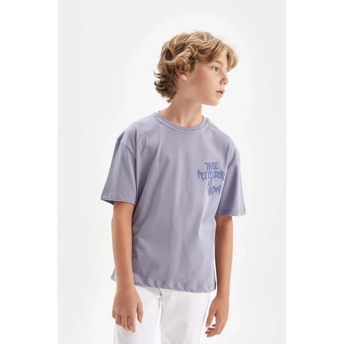 Defacto C6282 Mavi Erkek Çocuk Oversize Geniş Kalıp Bisiklet Yaka Baskılı Kısa Kollu Tişört