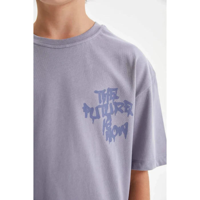 Defacto C6282 Mavi Erkek Çocuk Oversize Geniş Kalıp Bisiklet Yaka Baskılı Kısa Kollu Tişört