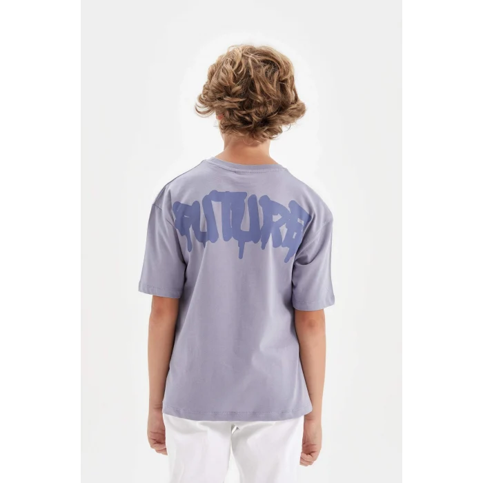 Defacto C6282 Mavi Erkek Çocuk Oversize Geniş Kalıp Bisiklet Yaka Baskılı Kısa Kollu Tişört