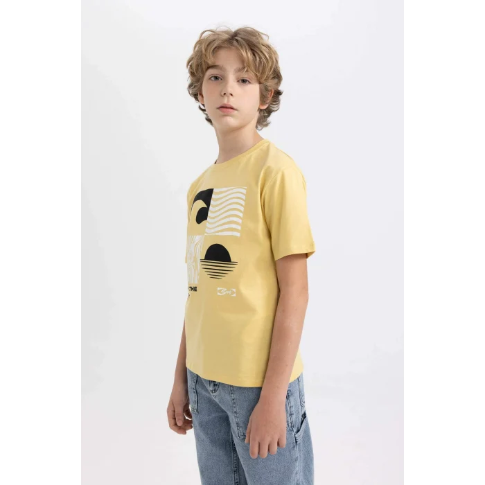 Defacto C3308 Sarı Erkek Çocuk Bisiklet Yaka Baskılı Kısa Kollu Tişört