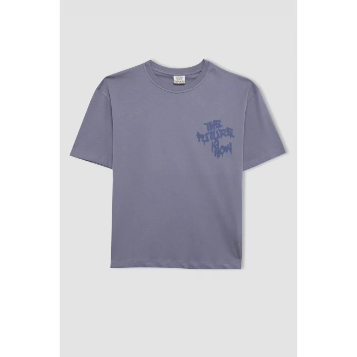 Defacto C6282 Mavi Erkek Çocuk Oversize Geniş Kalıp Bisiklet Yaka Baskılı Kısa Kollu Tişört