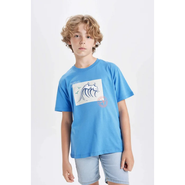 Defacto C4657 Mavi Erkek Çocuk Bisiklet Yaka Baskılı Kısa Kollu Tişört