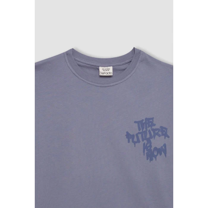 Defacto C6282 Mavi Erkek Çocuk Oversize Geniş Kalıp Bisiklet Yaka Baskılı Kısa Kollu Tişört